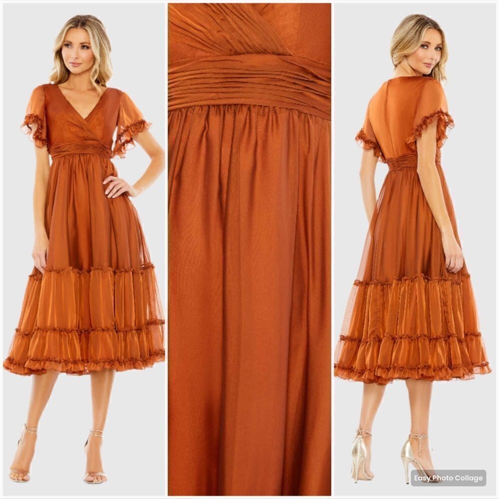 NWT Mac Duggal Flutter Sleeve Tiered Skirt Midi Dress
